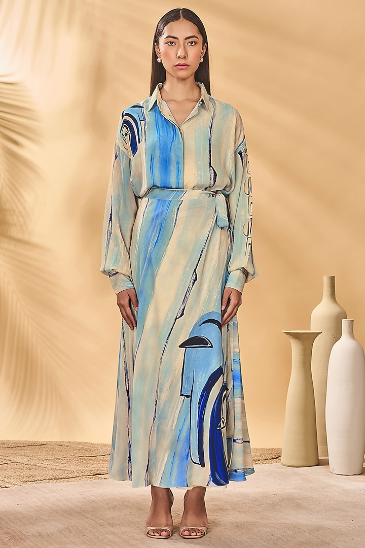 Beige & Blue Crepe Silk Printed Skirt Set by Masaba at Pernia's Pop Up Shop