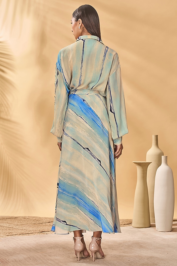 Beige & Blue Crepe Silk Printed Skirt Set by Masaba at Pernia's Pop Up Shop
