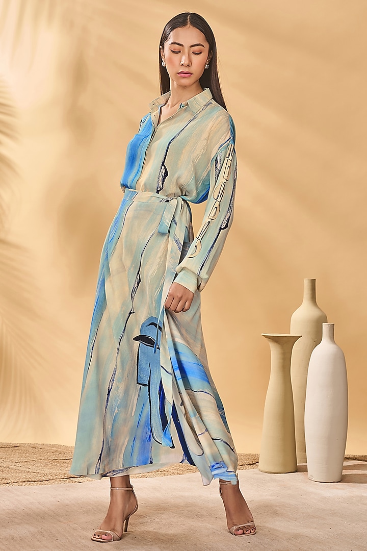Beige & Blue Crepe Silk Printed Skirt Set by Masaba at Pernia's Pop Up Shop