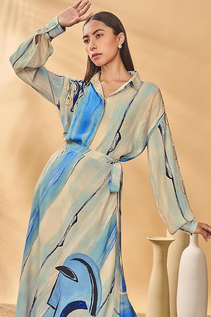 Beige & Blue Crepe Silk Printed Skirt Set by Masaba at Pernia's Pop Up Shop