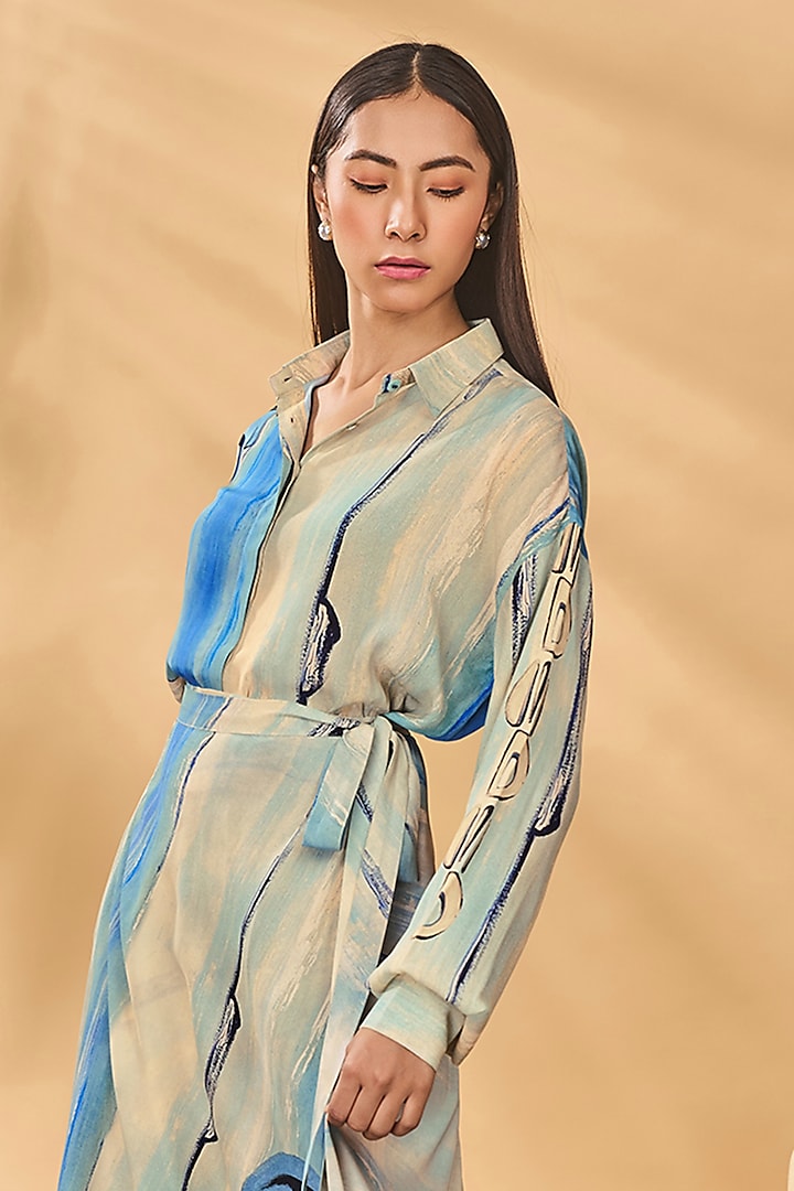 Beige & Blue Crepe Silk Printed Skirt Set by Masaba at Pernia's Pop Up Shop