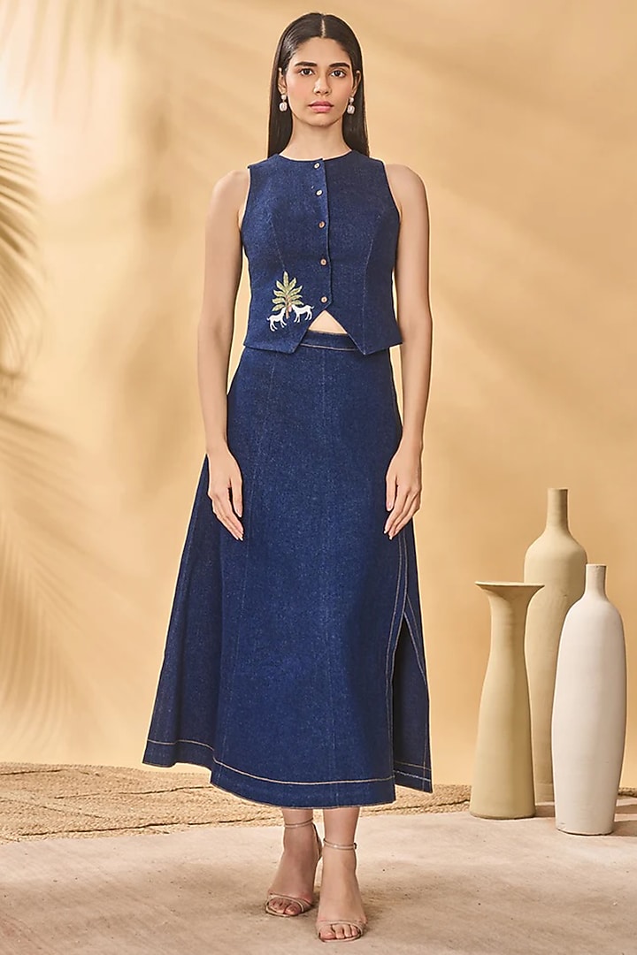 Midnight Blue Denim Skirt Set by Masaba at Pernia's Pop Up Shop