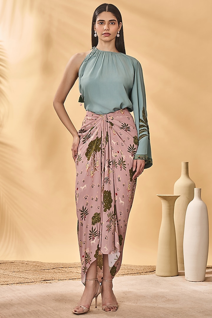 Pink Crepe Silk Printed Draped Skirt Set by Masaba at Pernia's Pop Up Shop