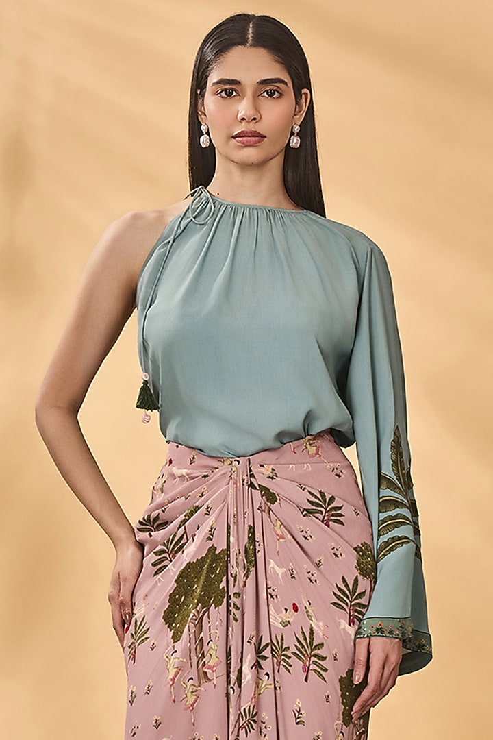 Pink Crepe Silk Printed Draped Skirt Set by Masaba at Pernia's Pop Up Shop