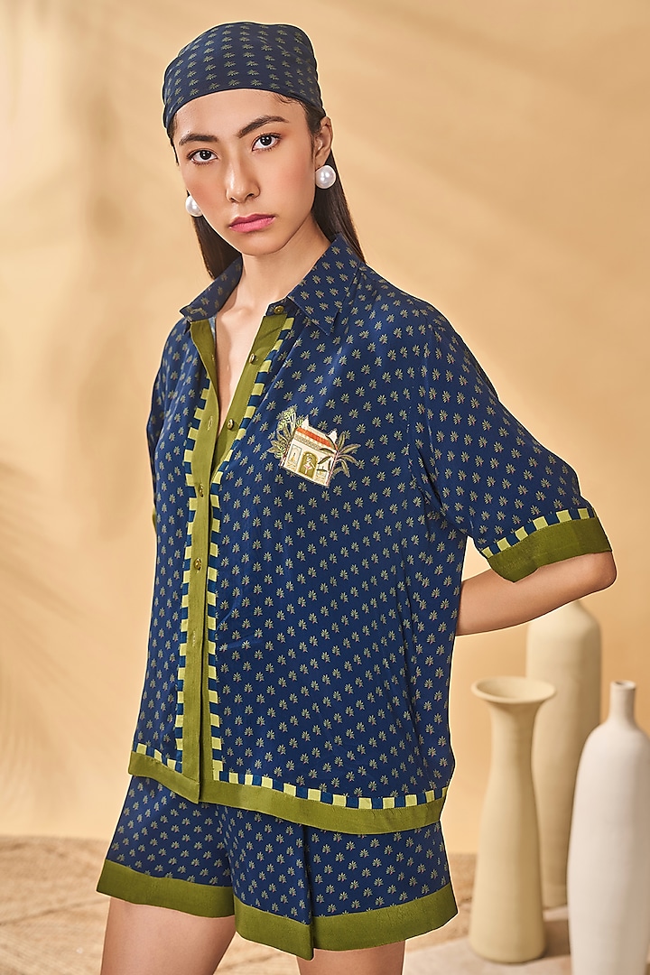 Midnight Blue Crepe Silk Printed Shirt by Masaba at Pernia's Pop Up Shop