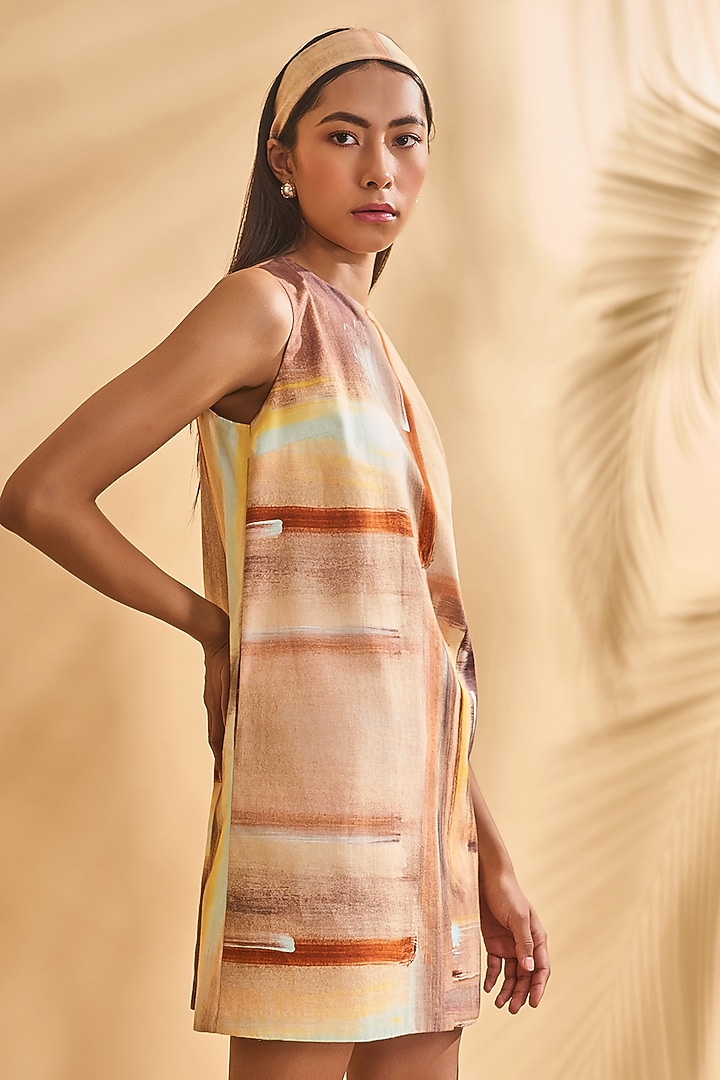 Rust & Beige Linen Printed Mini Shift Summer Dress by Masaba at Pernia's Pop Up Shop