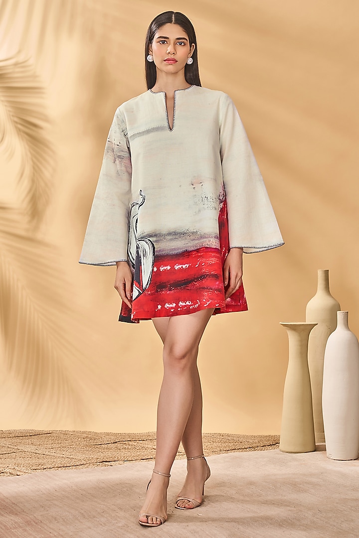Ivory & Red Linen Printed Mini Vacation Dress by Masaba at Pernia's Pop Up Shop