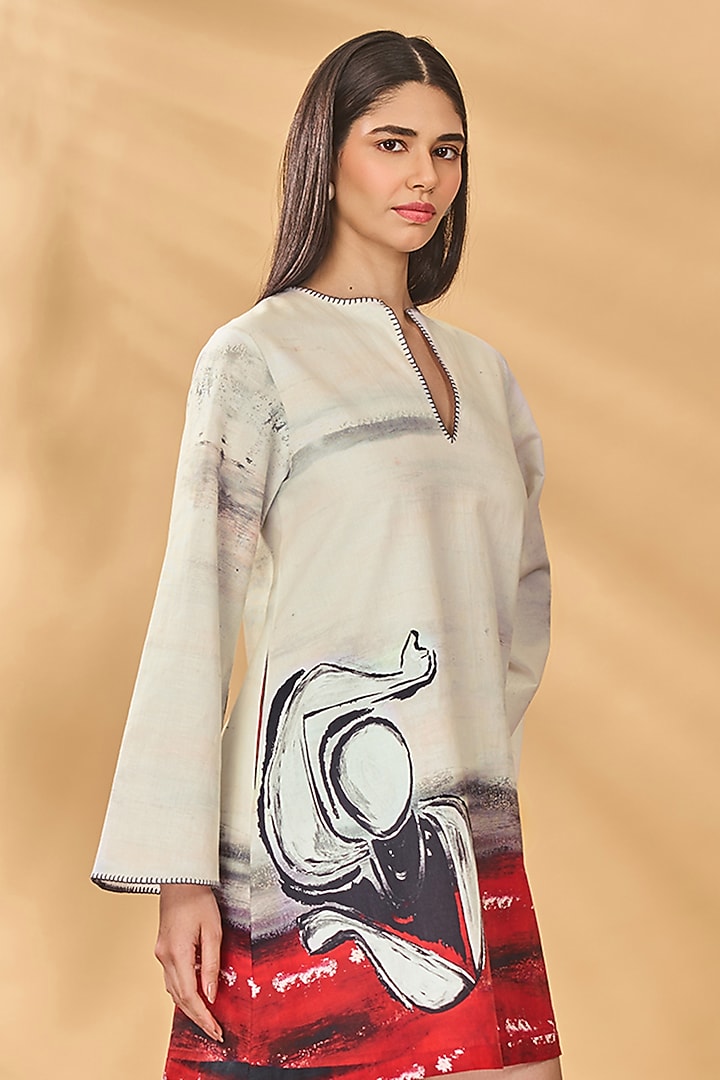Ivory & Red Linen Printed Mini Vacation Dress by Masaba at Pernia's Pop Up Shop