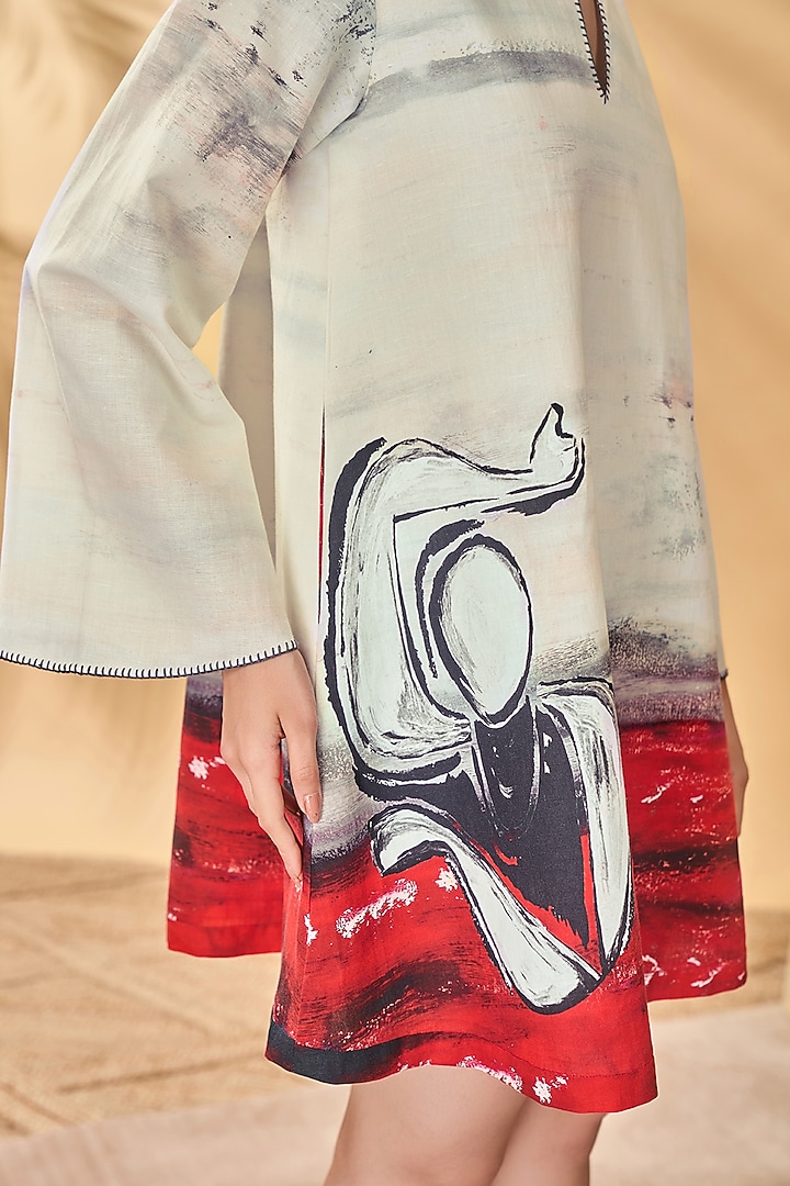 Ivory & Red Linen Printed Mini Vacation Dress by Masaba at Pernia's Pop Up Shop