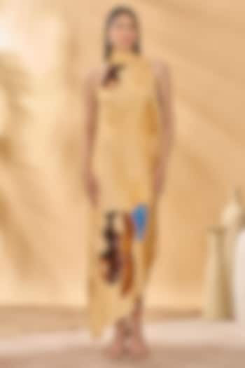 Ochre Yellow Crepe Silk Printed Asymmetrical Vacation Dress by Masaba at Pernia's Pop Up Shop