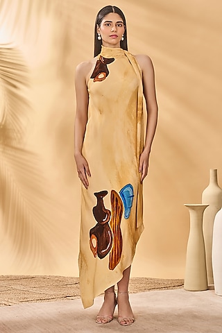 Ochre Yellow Crepe Silk Printed Asymmetrical Dress by Masaba