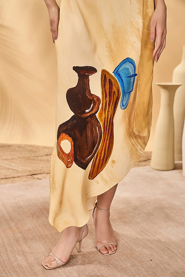 Ochre Yellow Crepe Silk Printed Asymmetrical Vacation Dress by Masaba at Pernia's Pop Up Shop