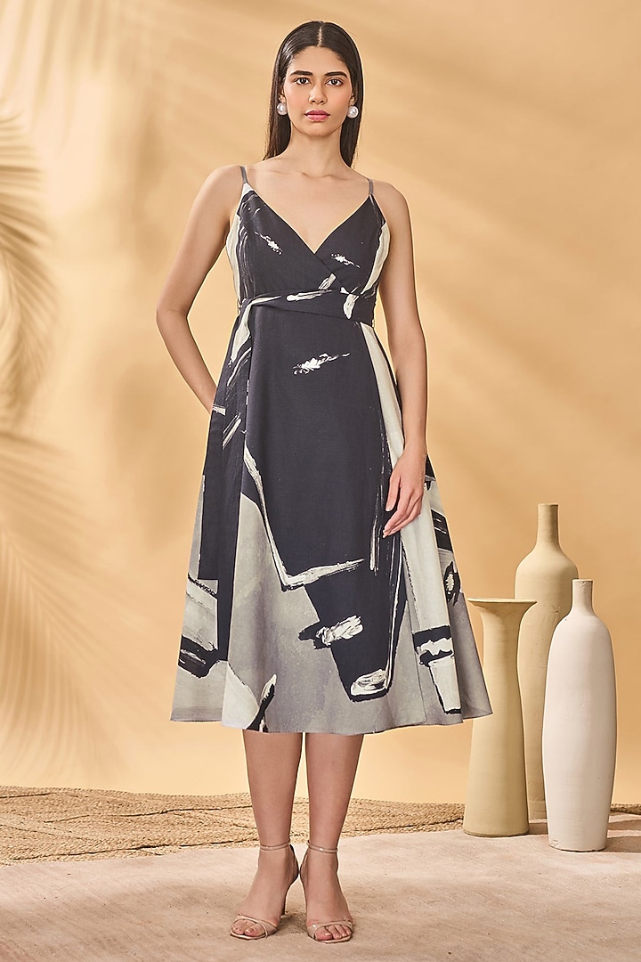 Dark Grey Linen Printed Midi Vacation Dress by Masaba at Pernia's Pop Up Shop