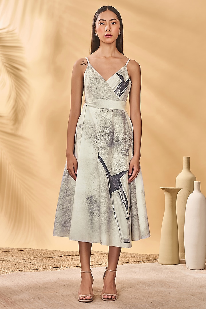 Ivory & Black Linen Printed Midi Wrap Vacation Dress by Masaba at Pernia's Pop Up Shop