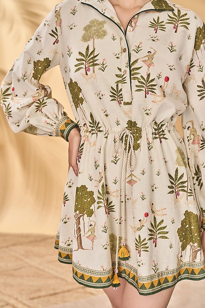 Ivory Handwoven Cotton Printed Mini Vacation Dress by Masaba at Pernia's Pop Up Shop
