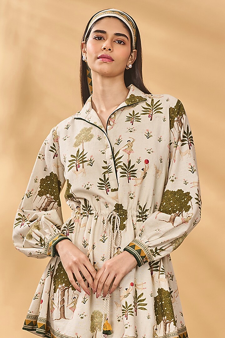 Ivory Handwoven Cotton Printed Mini Vacation Dress by Masaba at Pernia's Pop Up Shop