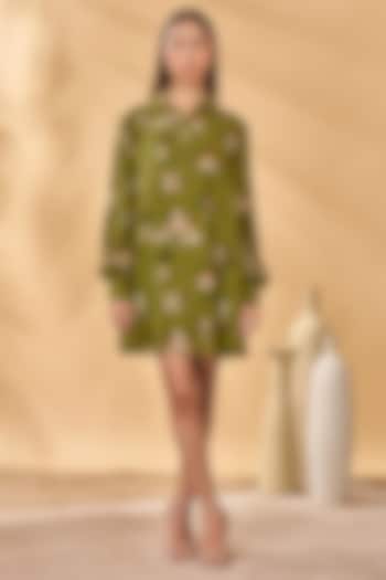 Olive Green Crepe Silk Printed Summer Shirt Dress by Masaba at Pernia's Pop Up Shop