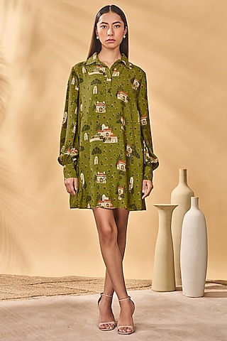 Olive Green Crepe Silk Printed Shirt Dress by Masaba