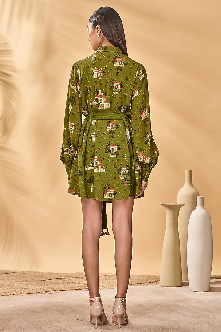 Olive Green Crepe Silk Printed Summer Shirt Dress by Masaba at Pernia's Pop Up Shop