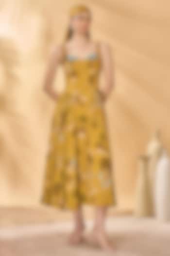 Mustard Crepe Silk Printed Corset Vacation Dress by Masaba at Pernia's Pop Up Shop