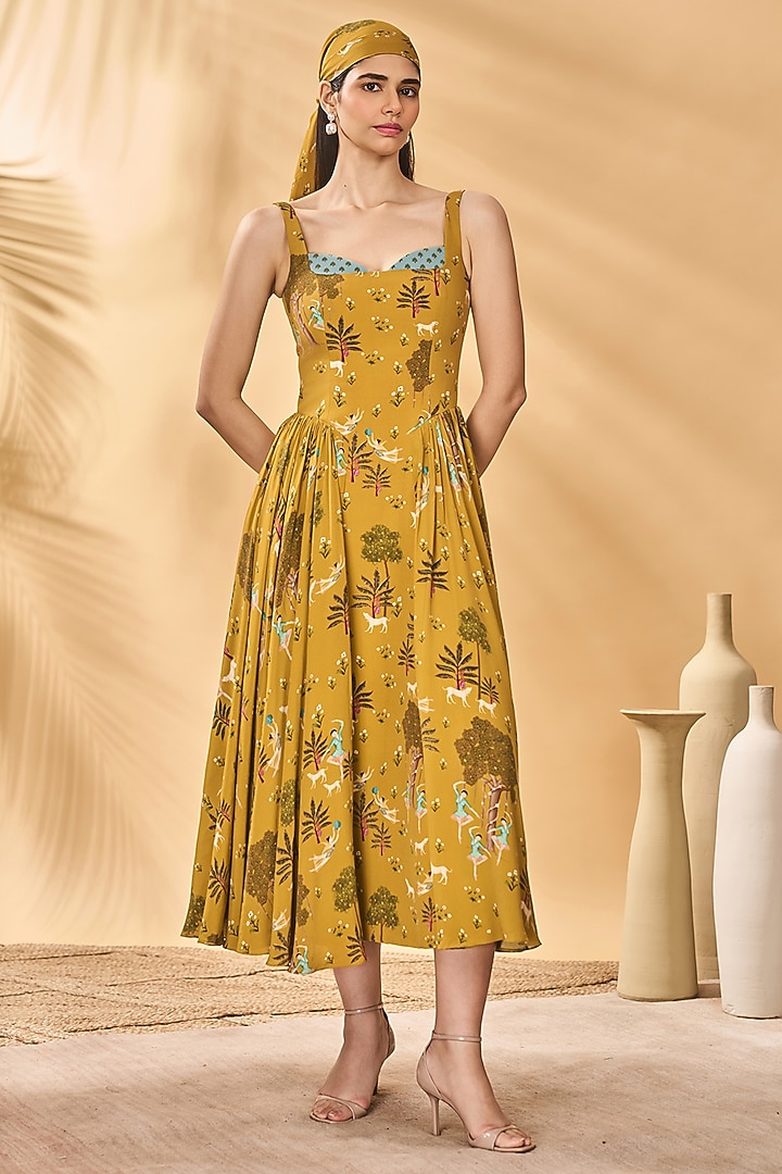 Mustard Crepe Silk Printed Corset Vacation Dress by Masaba at Pernia's Pop Up Shop