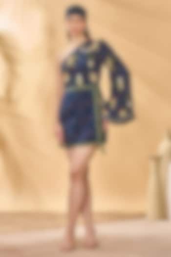 Midnight Blue Crepe Silk Printed One-Shoulder Wrap Vacation Dress by Masaba at Pernia's Pop Up Shop