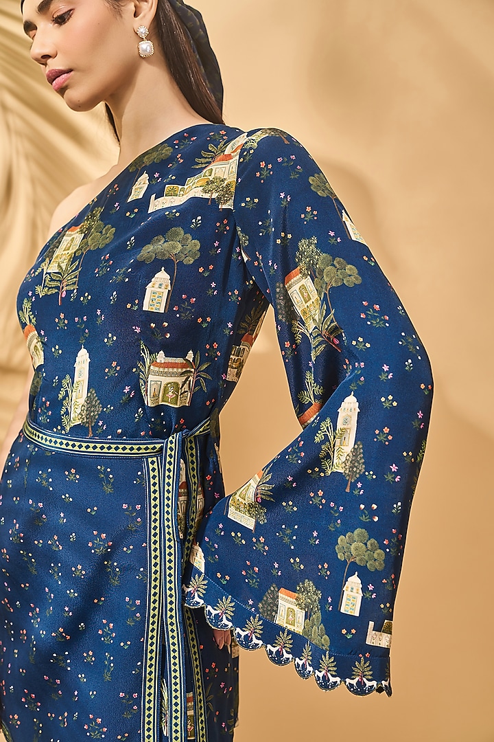 Midnight Blue Crepe Silk Printed One-Shoulder Wrap Vacation Dress by Masaba at Pernia's Pop Up Shop