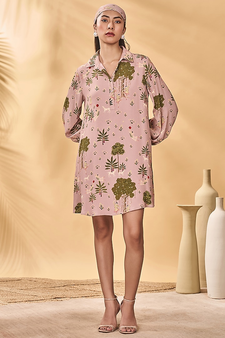 Pink Crepe Silk Printed Mini Summer Dress by Masaba at Pernia's Pop Up Shop