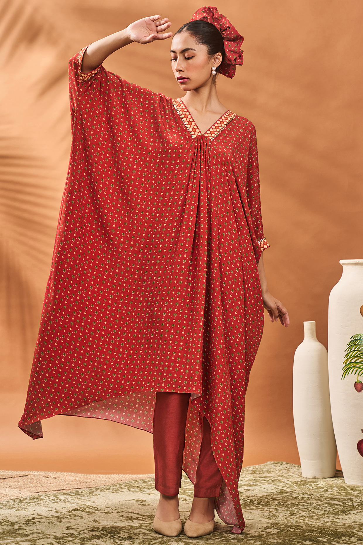 Red Crepe Silk Printed & Hand Embroidered A-Line Tunic Set by Masaba at Pernia's Pop Up Shop