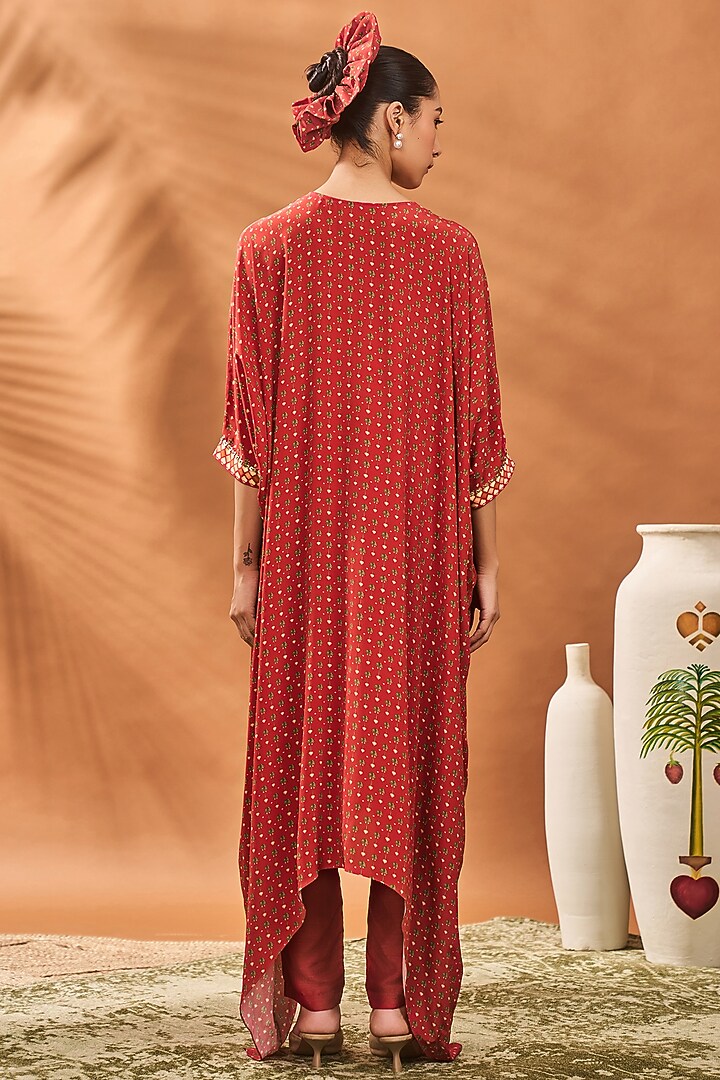 Red Crepe Silk Printed & Hand Embroidered A-Line Tunic Set by Masaba at Pernia's Pop Up Shop
