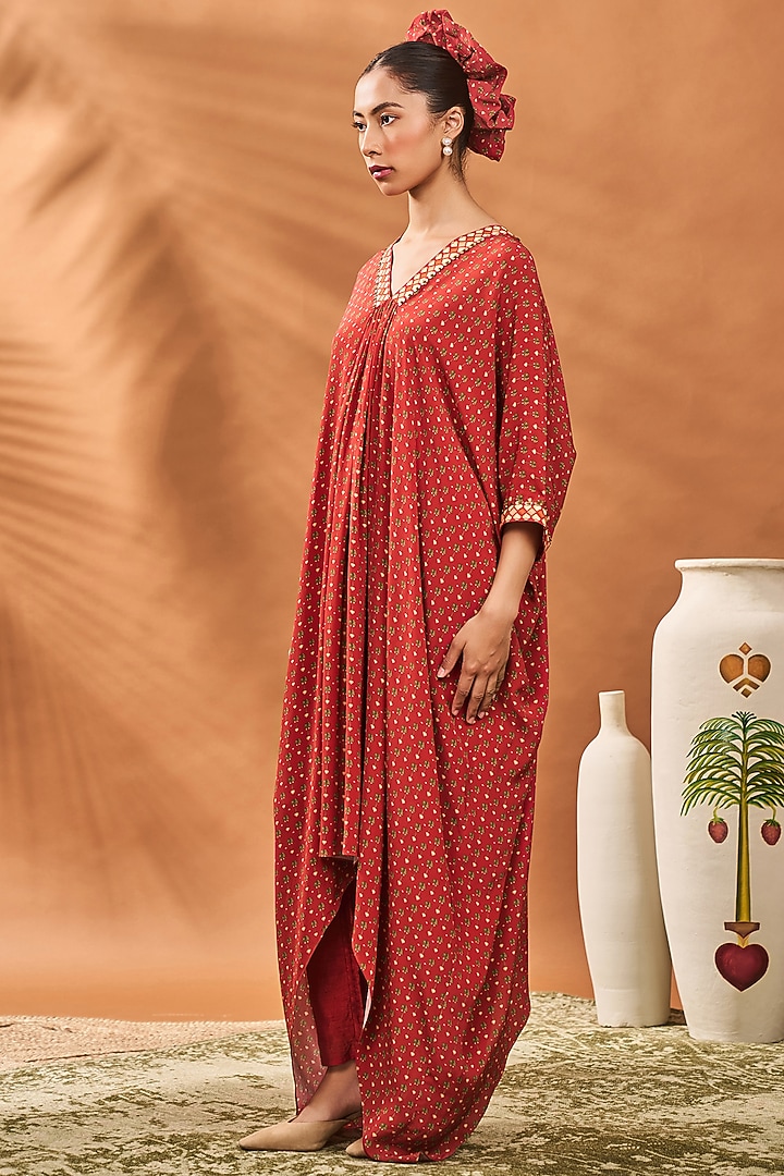 Red Crepe Silk Printed & Hand Embroidered A-Line Tunic Set by Masaba at Pernia's Pop Up Shop