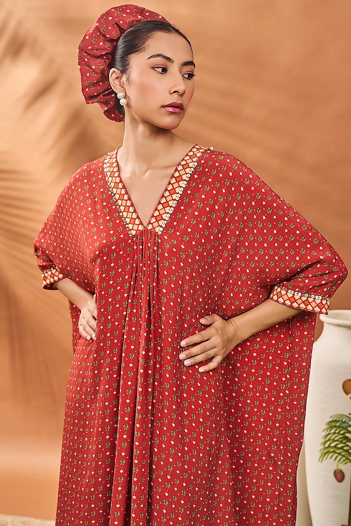 Red Crepe Silk Printed & Hand Embroidered A-Line Tunic Set by Masaba at Pernia's Pop Up Shop