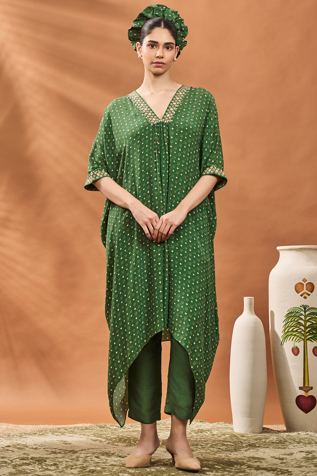 Green Crepe Silk Printed & Hand Embroidered A-Line Tunic Set by Masaba at Pernia's Pop Up Shop