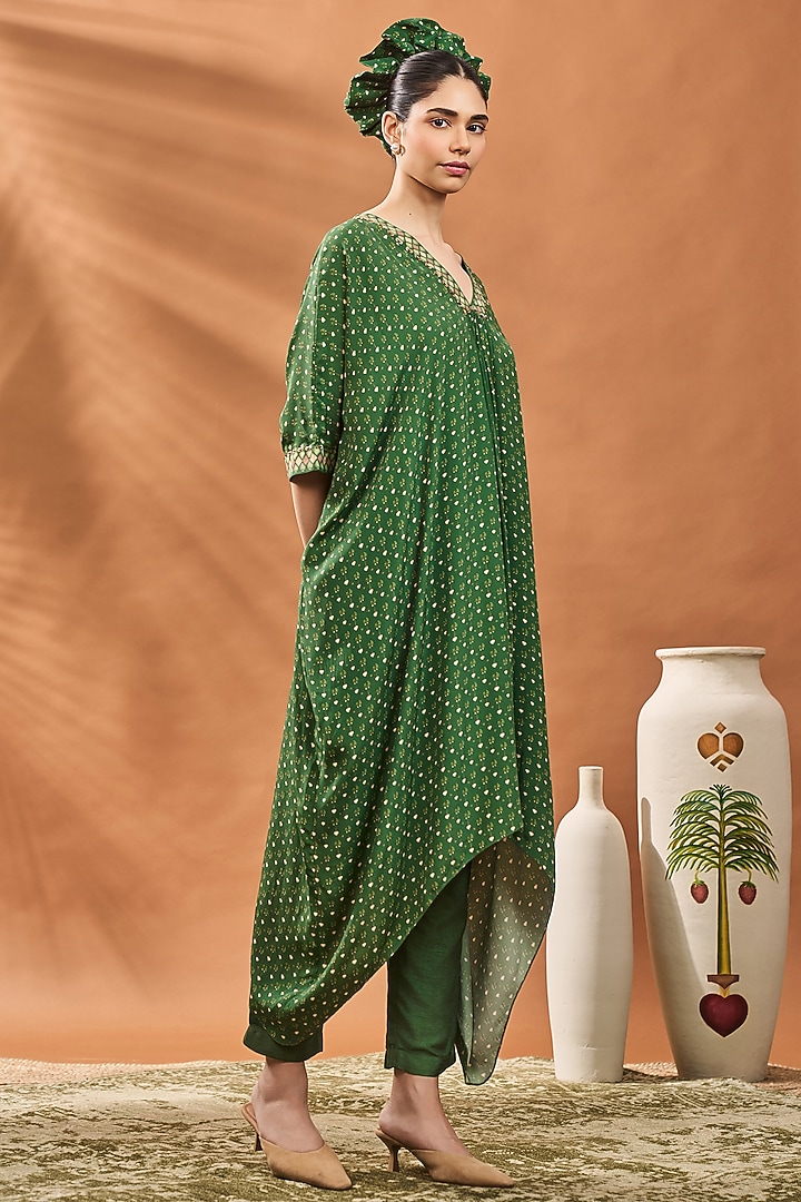 Green Crepe Silk Printed & Hand Embroidered A-Line Tunic Set by Masaba at Pernia's Pop Up Shop
