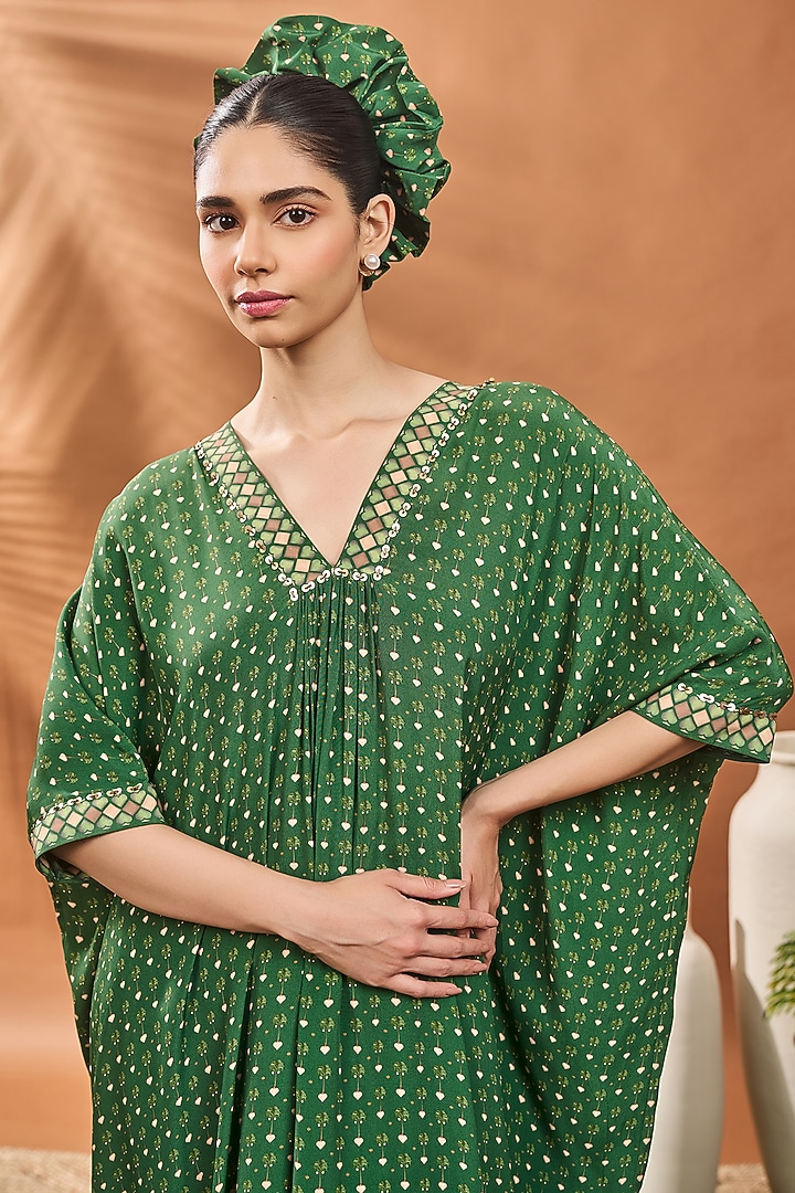 Green Crepe Silk Printed & Hand Embroidered A-Line Tunic Set by Masaba at Pernia's Pop Up Shop