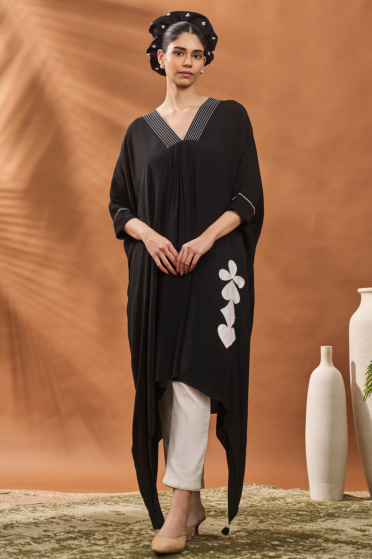 Black Crepe Silk Applique Embroidered A-Line Tunic Set by Masaba at Pernia's Pop Up Shop