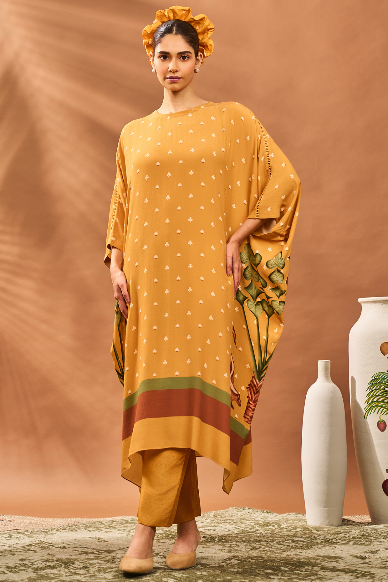 Yellow Crepe Silk Printed & Hand Embroidered A-Line Tunic Set by Masaba at Pernia's Pop Up Shop