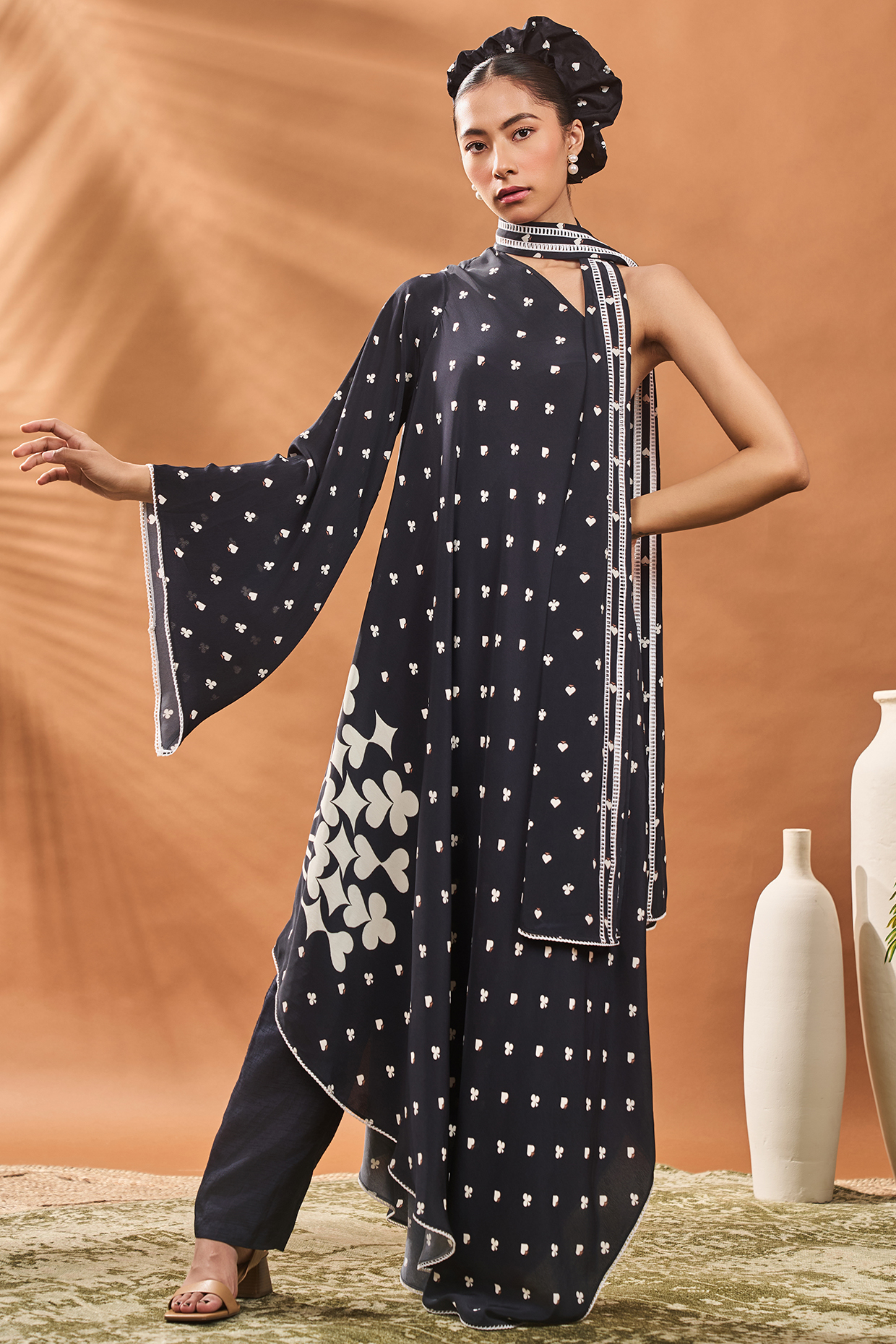 Black Crepe Silk Printed One-Shoulder Asymmetric Tunic Set by Masaba at Pernia's Pop Up Shop