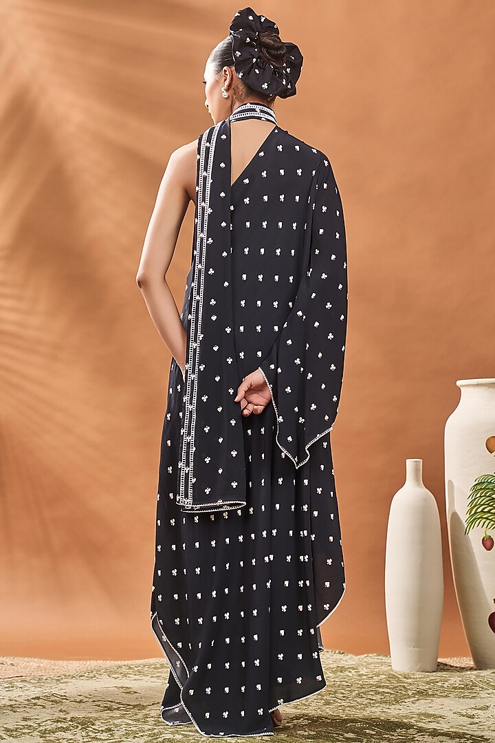 Black Crepe Silk Printed One-Shoulder Asymmetric Tunic Set by Masaba at Pernia's Pop Up Shop