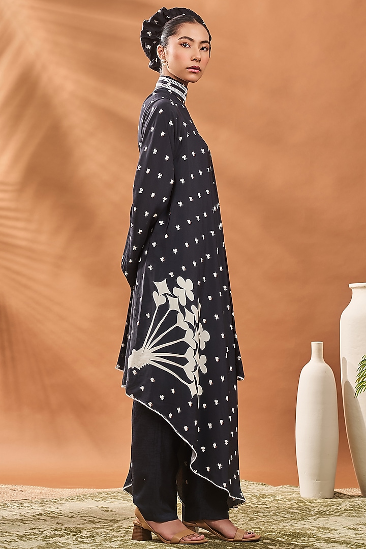 Black Crepe Silk Printed One-Shoulder Asymmetric Tunic Set by Masaba at Pernia's Pop Up Shop