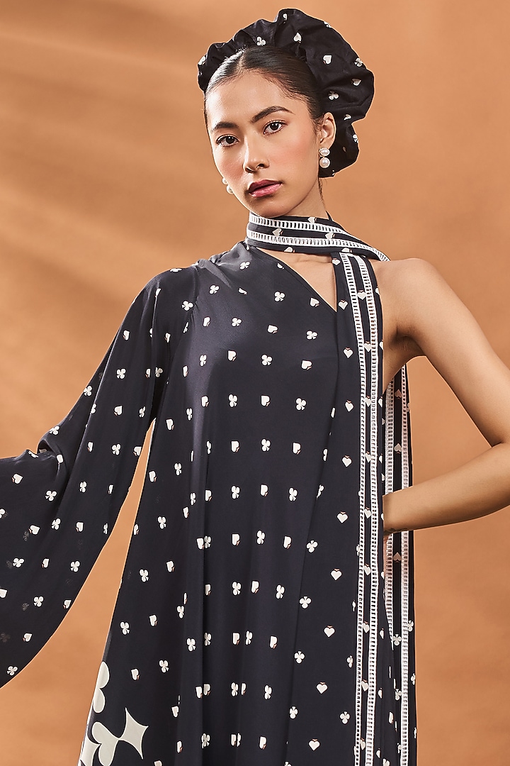 Black Crepe Silk Printed One-Shoulder Asymmetric Tunic Set by Masaba at Pernia's Pop Up Shop