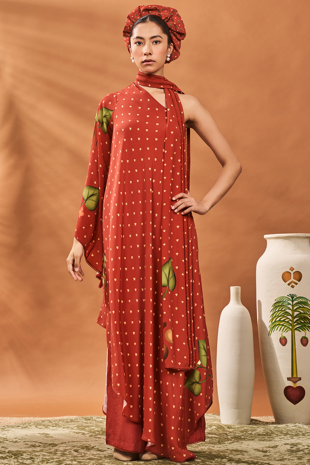 Red Crepe Silk Printed One-Shoulder Asymmetric Tunic Set by Masaba at Pernia's Pop Up Shop
