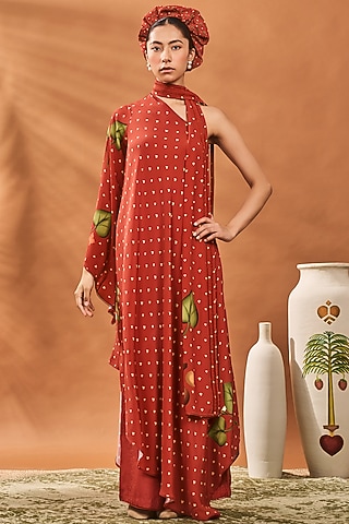 Red Crepe Silk Printed One-Shoulder Asymmetric Tunic Set by Masaba