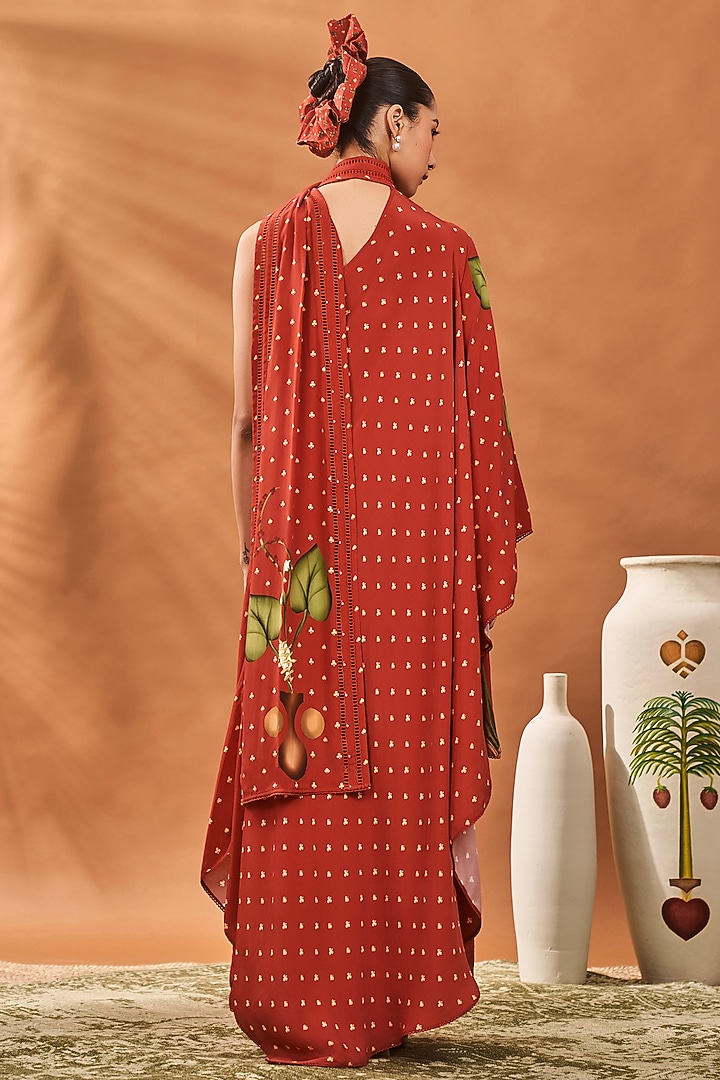 Red Crepe Silk Printed One-Shoulder Asymmetric Tunic Set by Masaba at Pernia's Pop Up Shop