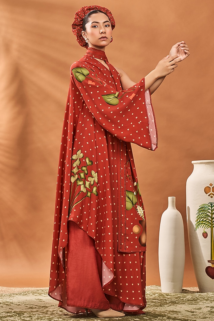 Red Crepe Silk Printed One-Shoulder Asymmetric Tunic Set by Masaba at Pernia's Pop Up Shop