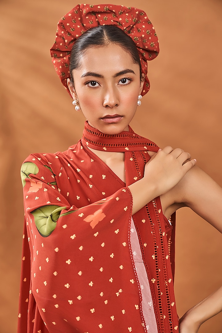 Red Crepe Silk Printed One-Shoulder Asymmetric Tunic Set by Masaba at Pernia's Pop Up Shop