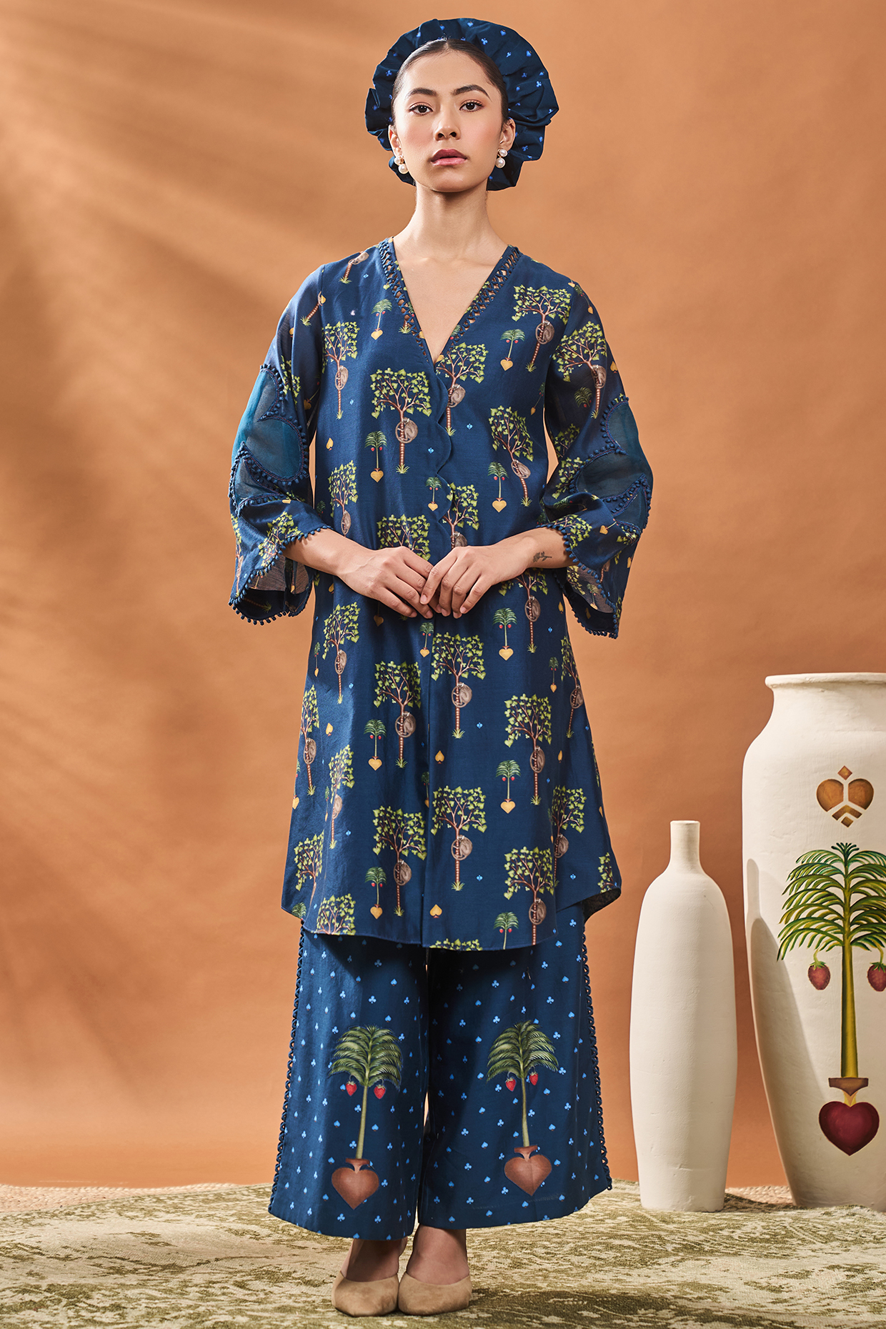 Indigo Blue Chanderi Printed & Hand Embroidered A-Line Tunic Set by Masaba at Pernia's Pop Up Shop