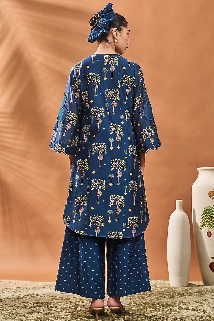 Indigo Blue Chanderi Printed & Hand Embroidered A-Line Tunic Set by Masaba at Pernia's Pop Up Shop