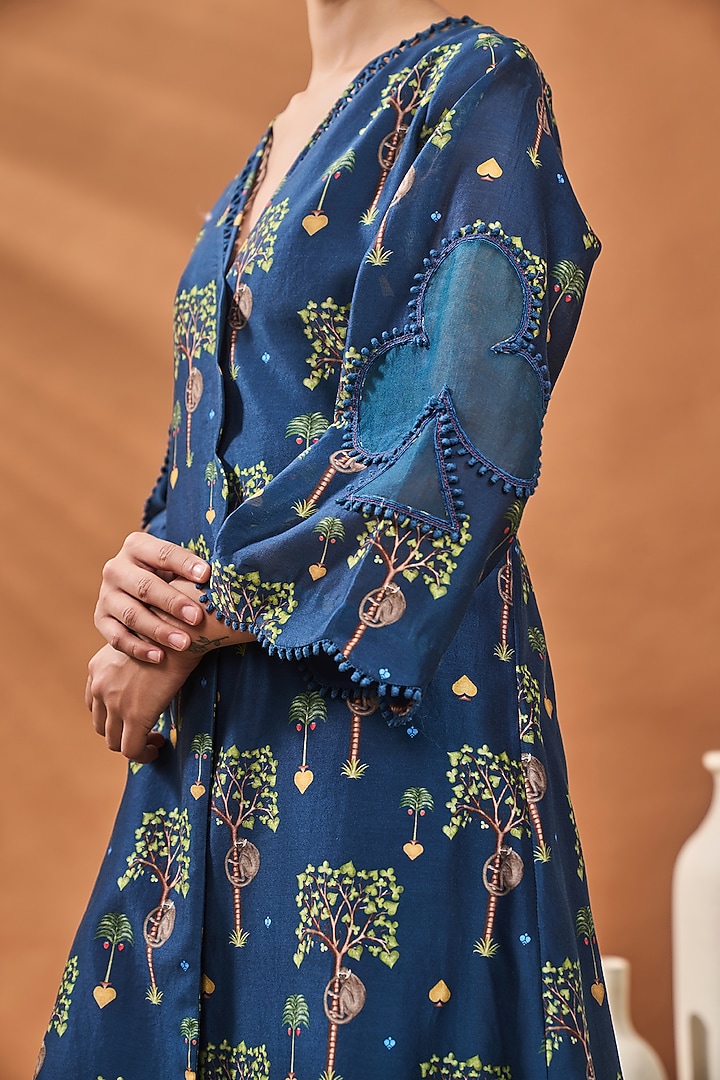 Indigo Blue Chanderi Printed & Hand Embroidered A-Line Tunic Set by Masaba at Pernia's Pop Up Shop