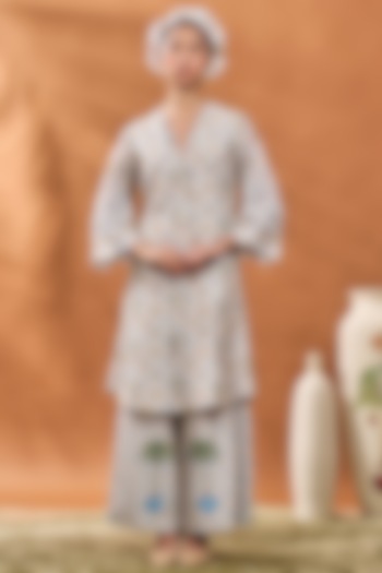 Powder Blue Chanderi Checkered Hand Embroidered A-Line Tunic Set by Masaba at Pernia's Pop Up Shop